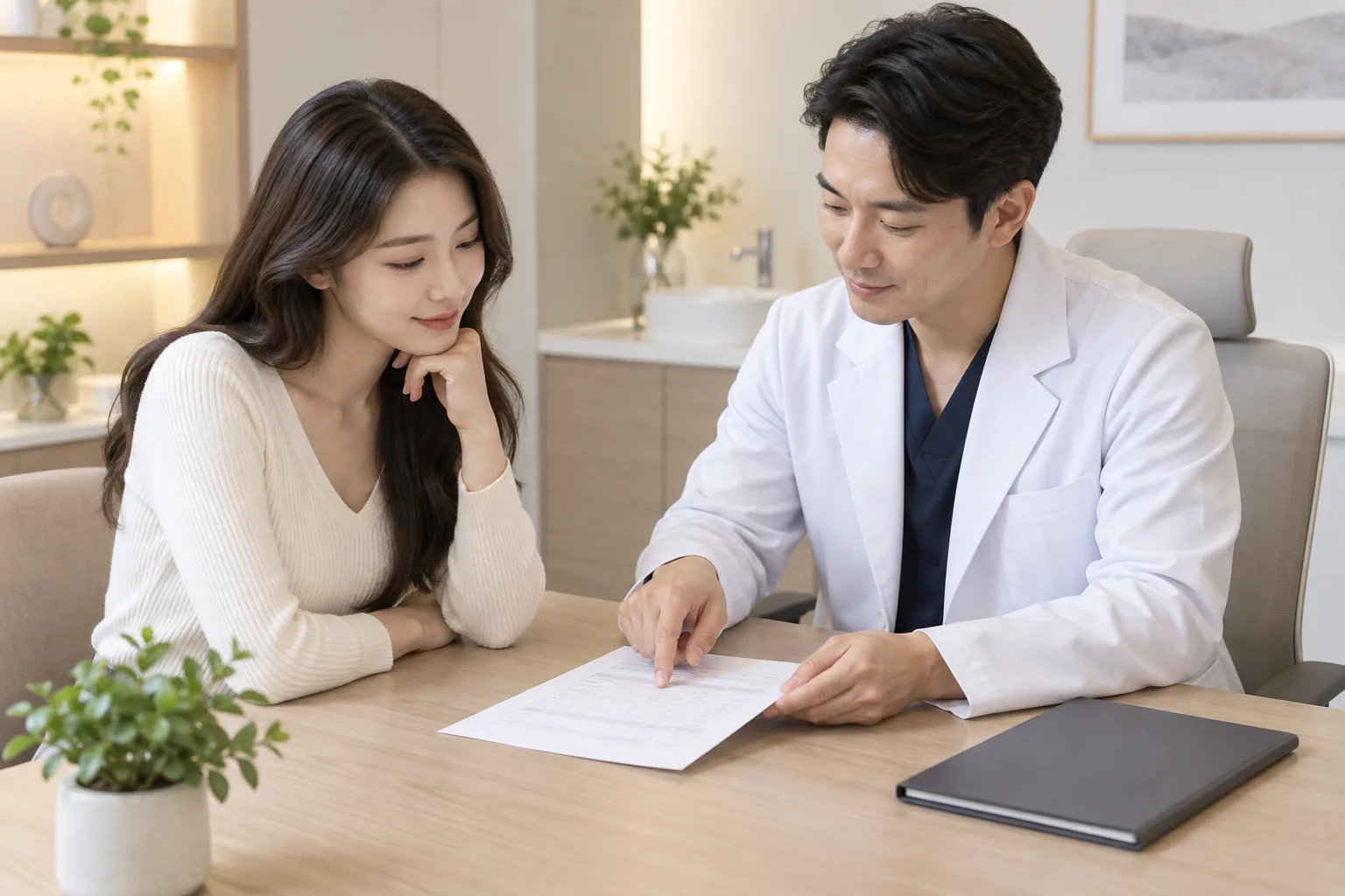 醫師與顧客討論一份療程報價單