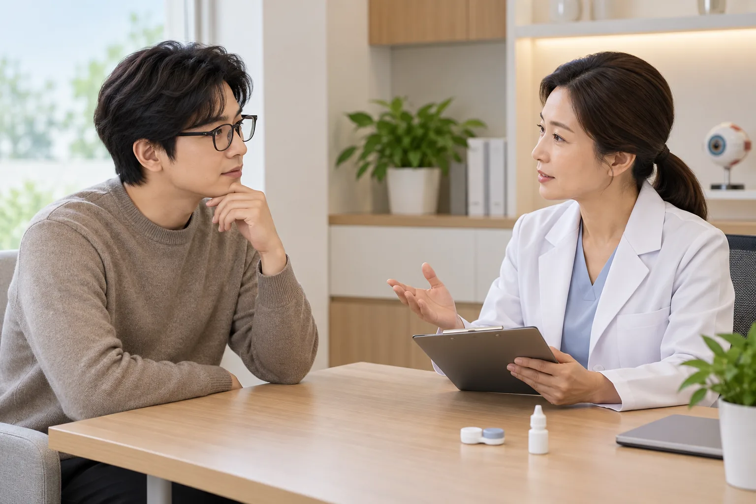 眼部諮詢桌上的眼鏡與隱形眼鏡收納用品